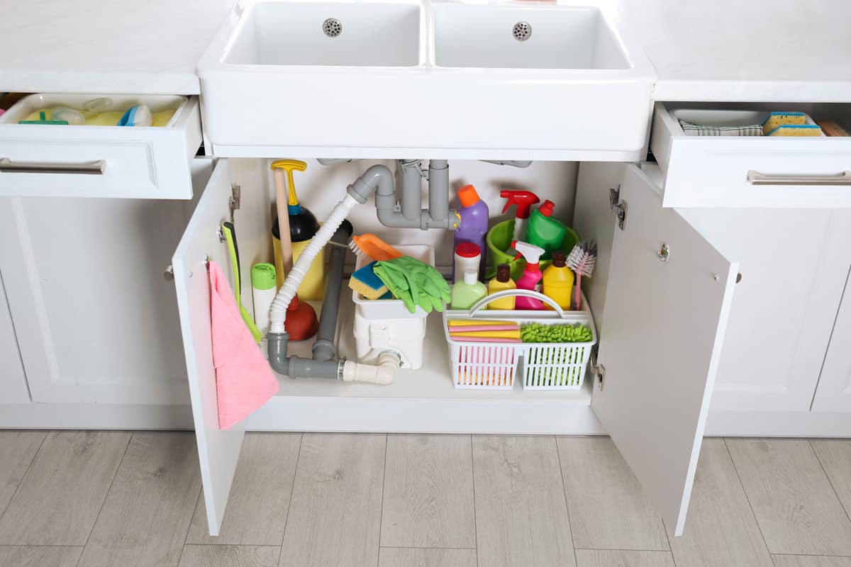Hazzardous items like cleaning supplies is being kept below the kitchen sink