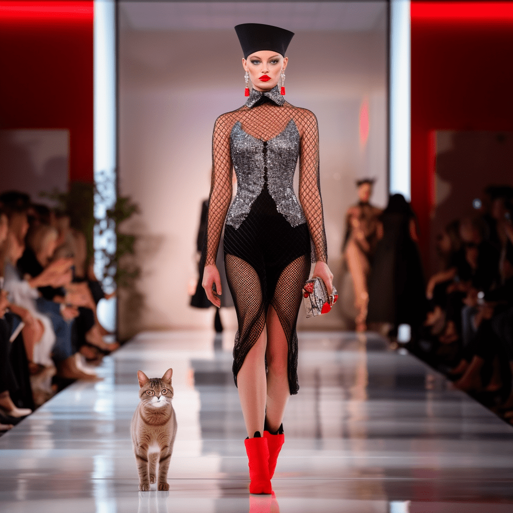 Model wearing cat-themed outfit