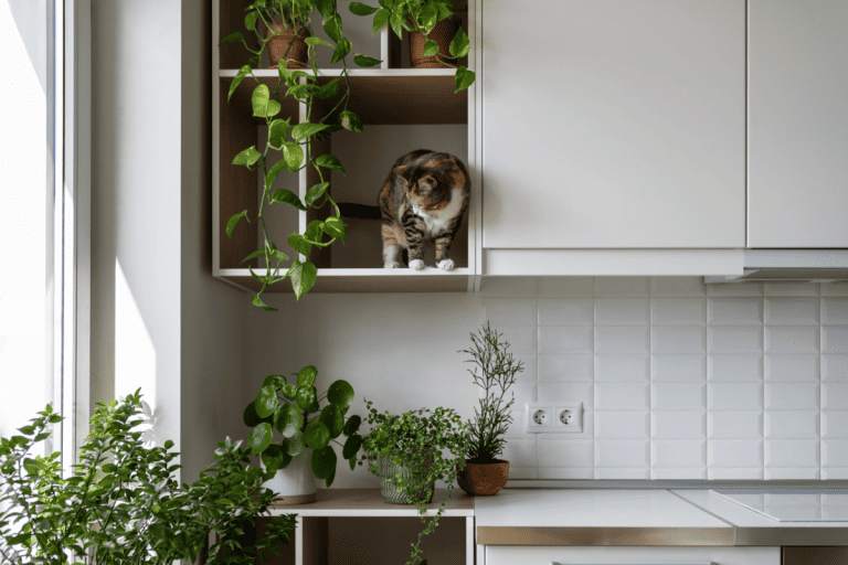 Furry cat stands on shelf near green pot-plants with lush leaves looking down for safe place to land