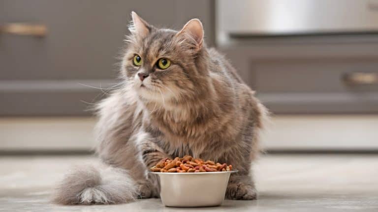 Cute cat near bowl with food at home 1600x900