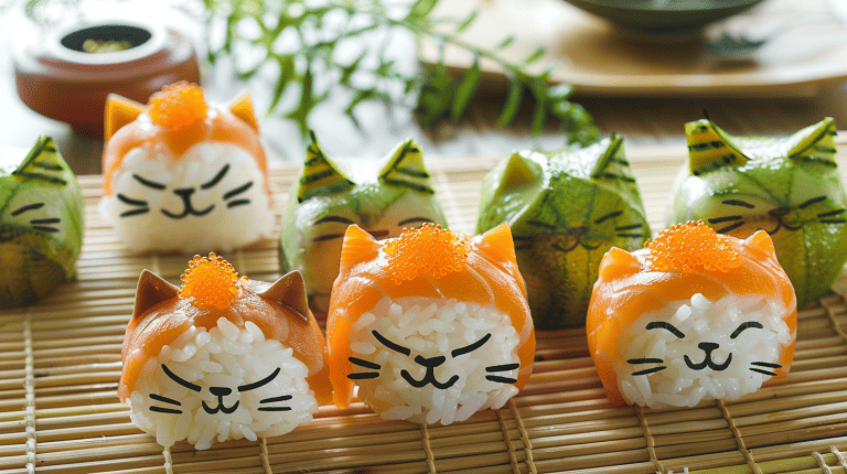 sushi rolls and nigiri artfully arranged and shaped to resemble cats, with seaweed used for detailed whiskers and fish roe for eyes, served on a bamboo mat., Kitty Kitchen Kollection [21 Cat-Themed Food & Drinks]Kitty Kitchen Kollection [21 Cat-Themed Food & Drinks] - 1600x900