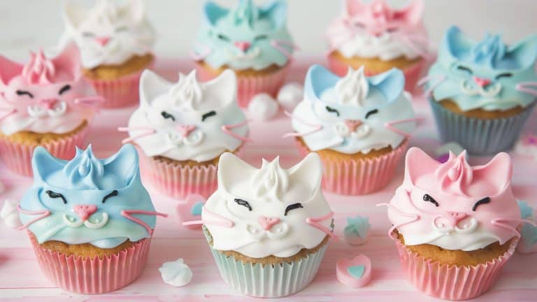 A set of cupcakes decorated with cozy cat faces, each piped in soft pastel-colored frosting. Details include tiny whiskers, cute noses, and sparkling eyes, making each cupcake a delightful portrayal of feline charm - 1600x900