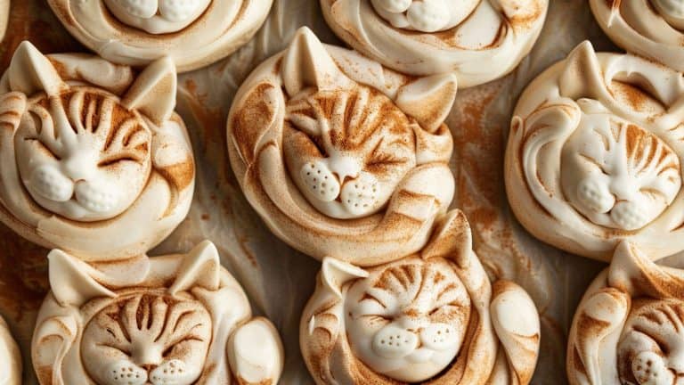 Cinnamon rolls designed to look like cats curled up in a cozy nap, with cinnamon swirls creating the fur pattern and icing for the facial features. Arranged on a baking sheet, these sweet rolls are an inviting treat. - 1600x900