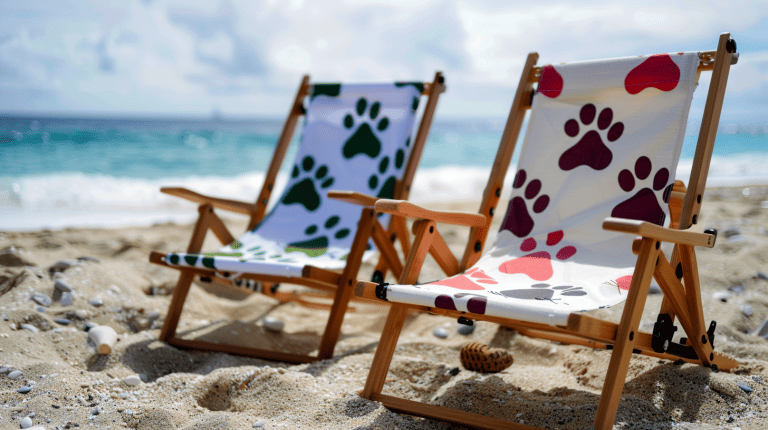 Folding beach chairs designed with cat paw prints on the fabric and cat ear shapes on the chair back. These chairs would offer a cozy spot for cat lovers to relax and enjoy the summer vibes. - 1600x900