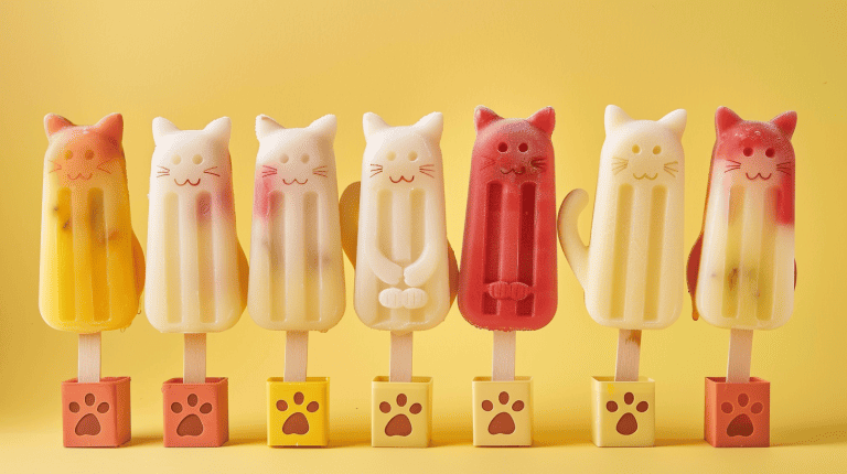 popsicles molded to look like cats, featuring details like whiskers and paws, in a variety of fruity flavors, displayed in a stand with paw prints, 21 Cat-Themed Party Ideas for Celebrations & Weddings - 1600x900