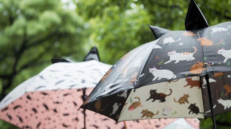 Umbrellas featuring cute cat ears on the top and a print of playful cats dancing in the rain on the fabric, perfect for brightening up rainy spring days. - 1600x900